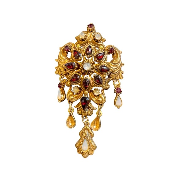 Florenza Gilded Victorian Revival Brooch with Garnet & Opal Rhinestones 1960s - Picture 2 of 7